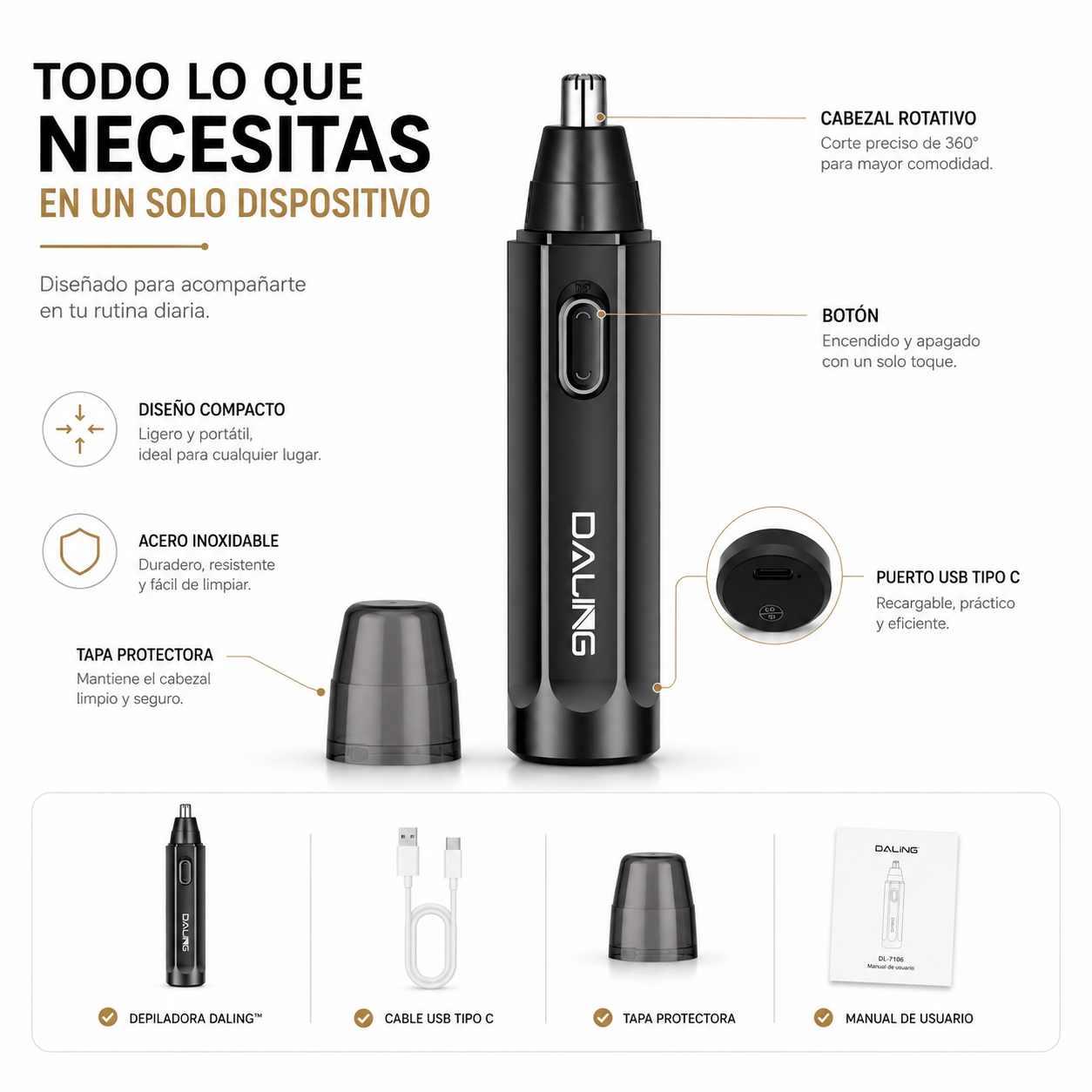 Daling ™ - Depiladora Nariz Y Orejas Recargable.