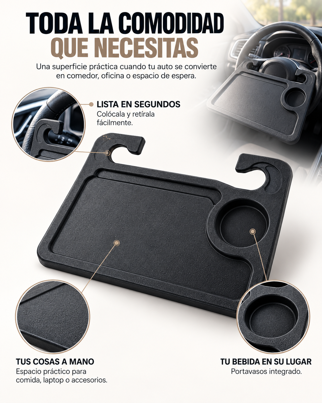Bandeja para Volante | Convierte tu auto en una mesa en segundos.