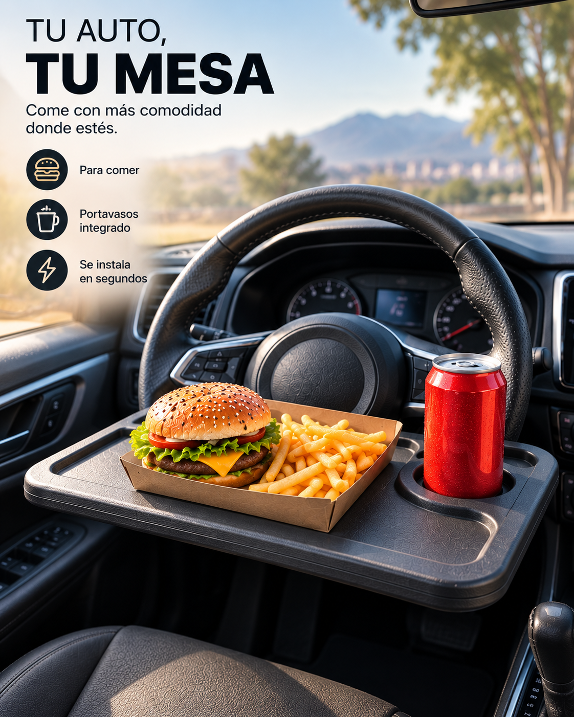 Bandeja para Volante | Convierte tu auto en una mesa en segundos.