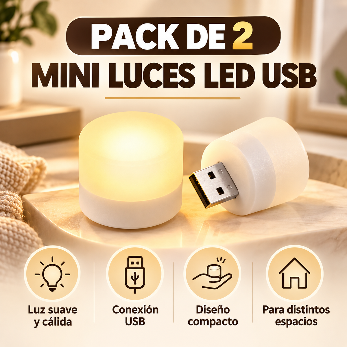 Pack 2 Mini Luz Nocturna LED -USB.
